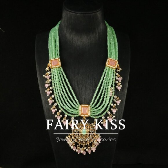 Maximalist Pink Pearl & Green Bead Tassel Necklace - Picture 1 of 4